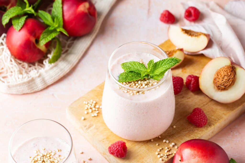Peach raspberry smoothie, summer refreshing drink, beverage